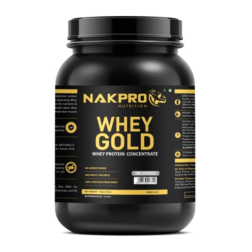 [BRSROC3RBV4GK3D6] NAKPRO NUTRITION Gold Whey Protein Concentrate | 1kg Unflavoured, Jar | 28g Protein | Trustified Certified