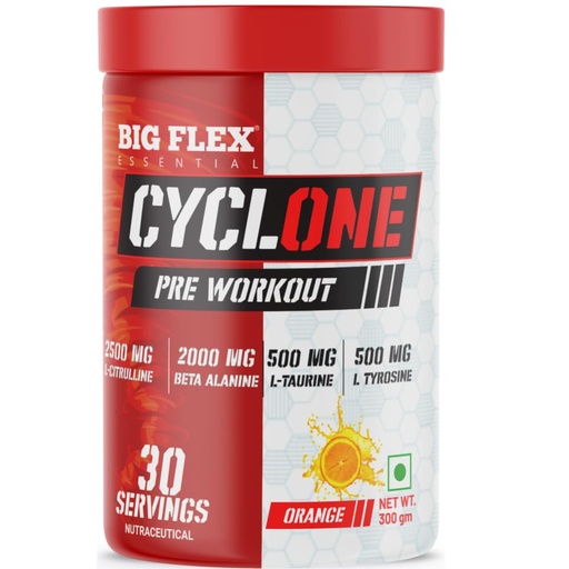 [BRSROGQEAEFQ4HTD] Bigflex Essential Cyclone Pre Workout Powder with L-Citruline, Beta Alanine, Taurine, Caffeine for Energy, Endurance, Strength and Focus, Green Apple and Orange Flavor, 300g, 30 Servings