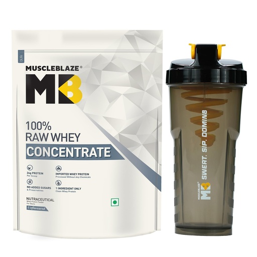 [BRSRGAY5C4IQGE36] MuscleBlaze 100% Clean Raw Whey Protein Concentrate, 1kg (2.2lbs) + Shaker