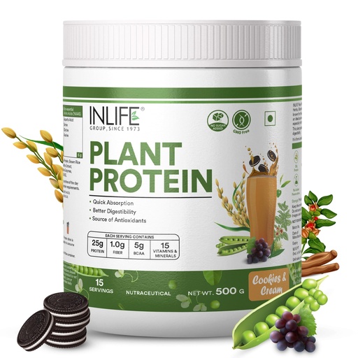 [BRSRMAL5OZYR6CQZ] INLIFE Plant Protein Powder 500g Supplement, Pea Quinoa Rice, Cookies Cream