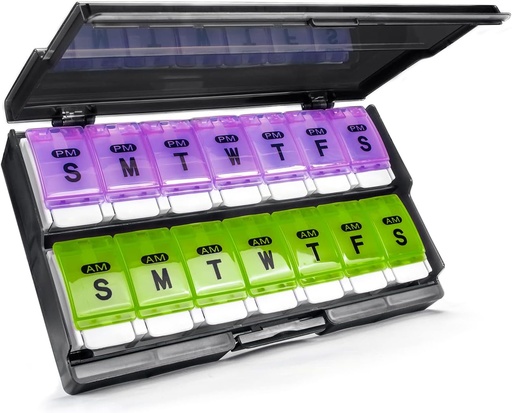 [BRSRMYA6PIIAIHLO] Extra Large Weekly Pill Organizer 2 Times a Day - Remtise Am/Pm Daily Pill Case Medicine Organizer, Push Button 7 Day Pill Box for Pills/Vitamin/Cod Liver Oil/Supplements (Purple & Green)