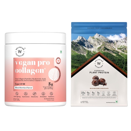 [BRSRYEAEDMBAK33U] Wellbeing Nutrition Vegan Pro Collagen Peptides 5g Plant-Based Collagen, Mixed Berries, 200g + Organic Vegan Plant Protein Isolate 22g Protein, 5g BCAA, Belgian Dark Chocolate, 500g