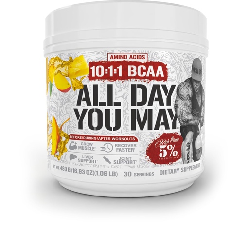 [BRSW22Y2DECWAFDO] 5% Nutrition Rich Piana AllDayYouMay BCAA Powder | Premium Intra & Post Workout Amino Acids, Hydration, Endurance, Muscle Recovery, Joint & Liver Support | 16.93 oz, 30 Servings (Mango Pineapple)