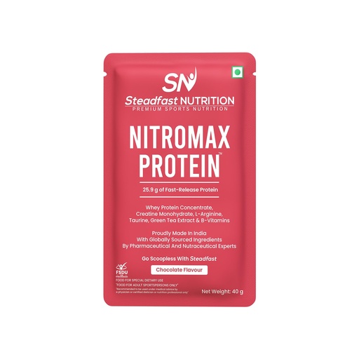 [BRSROZARCQHRMELU] Steadfast Nutrition Nitromax Protein 25.9g Fast Releasing Protein Increases Muscle pump strength Lean Muscle (Chocolate, 60 Sachets, 2400g)