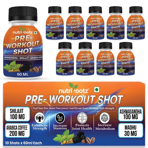 [BRSRYYLQOYGQIC3P] Pre-Workout Shot 60ml | Pack of 10 | Ashwagandha, Shilajit & Arabica Coffee | Ayurvedic Energy Drink | Increases Stamina & Focus | Shilajeet for Men & Women
