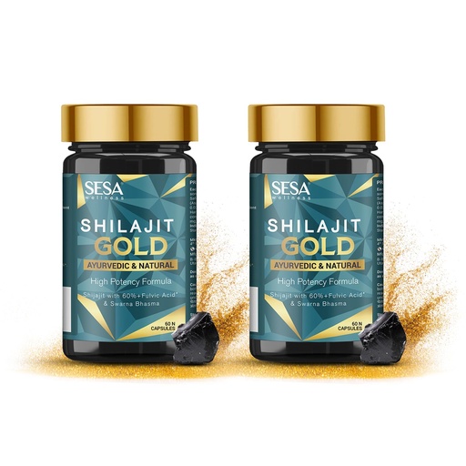 [BRSRAEIHPIFQM3DD] SESA Shilajit Capsules Gold with 60%+ Fulvic Acid 100% Natural Ayurvedic Shilajit Extract Helps Boost Stamina & Strength, 120 Capsules (60 Capsule Pack of 2)