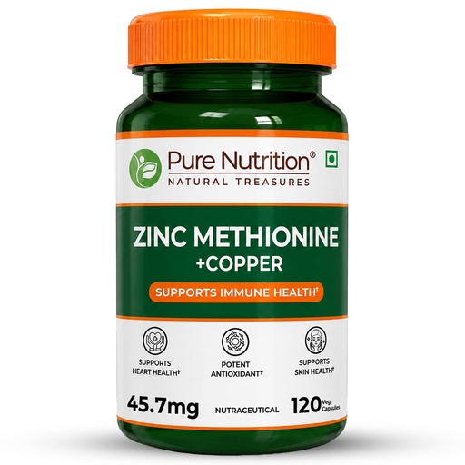 [BRSREZQOPICQGA3O] Pure Nutrition Zinc Methionine Plus Copper | High Absorption Zinc Supplements for Men & Women | Supports Immunity, Heart + Skin Health | Antioxidant Supplement + Cellular Protection – 120 Veg Capsules