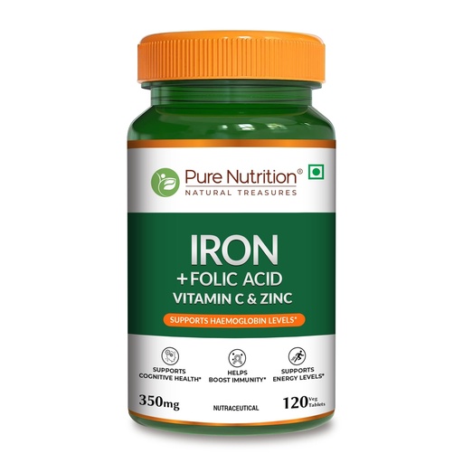 [BRSRAGQOAR6RAYD4] Pure Nutrition Iron Folic Acid Supplement - 120 Veg Tablets with Zinc, Vitamin C & Vitamin B12 for Men & Women | Supports Haemoglobin Production, Boosts Immunity & Maintains Iron Level