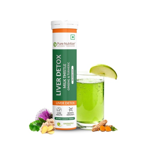 [BRSRAAA2O57RQYLA] Pure Nutrition Liver Detox Supplement | Milk Thistle Tablets with Ginseng & Turmeric | Liver Detox & Liver Supplements for Liver Health, Metabolism & Digestive Health | Green Apple Flavour | 20 Effervescent Tablets