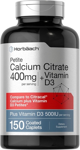 [BRSW2AQEAQFGCAYZ] Horbäach vápník Citrát s vitaminem D3 CLAS124; 150 Petite Coated Caplet CLAS124; dodatek pro muže a ženy CLAS124; Vegetarian, Non- GMO & gluten zdarma