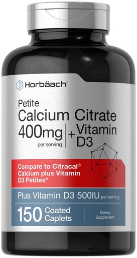 [BRSW2AQEAQFGCAYZ] Horbaach Calcium Citrate 400mg with Vitamin D3 | 150 Petite Coated Caplets | Supplement for Men and Women | Vegetarian, Non-GMO & Gluten Free