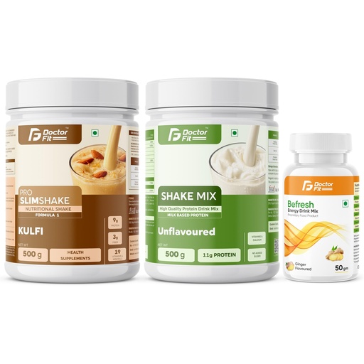 [BRSRYFAHAAJRY3T2] DOCTORFIT Pro Slimshake Formula 1 Mawa Kulfi 500g + ShakeMix Unflavoured 500g + Befresh Ginger Energy Drink Mix 50g | Nutritional & Protein Combo - 1050gm (Mawa Kulfi Shake + Shake Mix + Befresh Ginger)