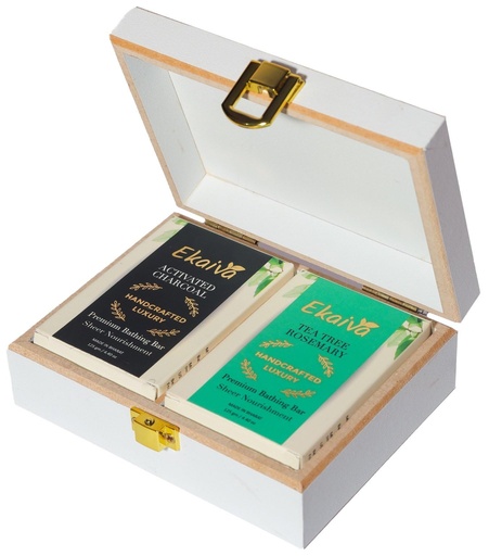 [BRSRAGTROQHA2FLK] Luxury Gift Box Deluxe Collection – Activated Charcoal & Tea Tree Rosemary Bathing Bars with Deluxe Wooden Box – Handmade Herbal Soaps for Detox, Clarity & Skin Balance