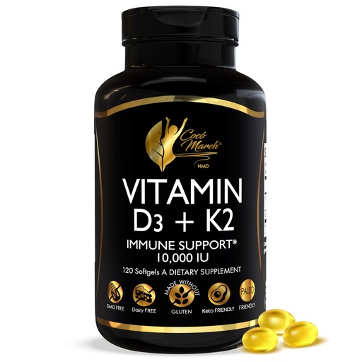 [BRSROZ32BV5BS3D3] Cocó March N.M.D Vitamin D3+K2 10,000 IU - High Potency Supplement for Women & Men, Immune Support, Bone & Joint Health - Gluten-Free, Non-GMO, 4 Month Supply, 250 mcg D3, 180 mcg of Vitamin K2