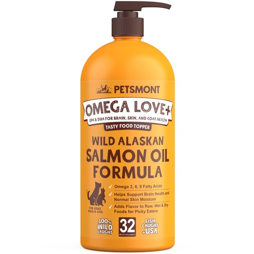[BRSWYFT7CUFBE3A7] Petsmont Omega Love+ Wild Alaskan Salmon Oil for Dogs Formula 32 oz - Fish Omega Liquid Pump Cats Supports Joint Function Immune Heart Health Food Supplement Pets Natural EPA DHA Fatty Acids