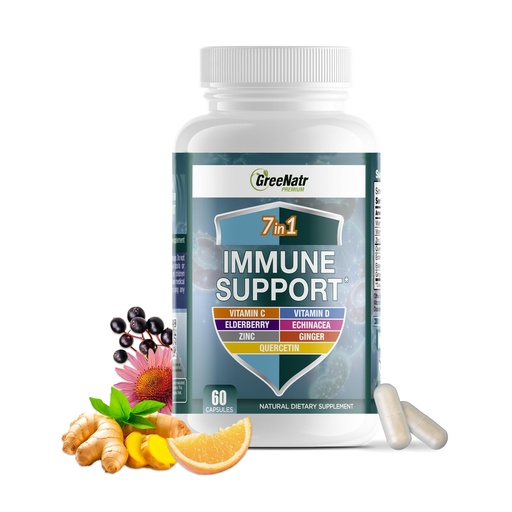 [BRSWYCT6B57GA23V] GreeNatr Immune Support Supplement with Vitamin C, D3, Zinc 50mg, Quercetin, Echinacea Purpurea, Sambucus Elderberry and Ginger for Complete Immune Defense - 60 Capsules (1 Bottle)