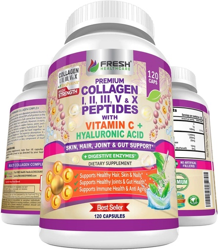 [BRSWYFQEBMMQYHTJ] FRESH HEALTHCARE Multi Collagen Pills with Type I, II, III, V & X Peptides with Vitamin C, Hyaluronic Acid - Supports Healthy Hair, Skin, Nails and Joints - 120 Kosher Capsules