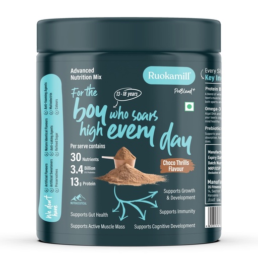 [BRSREFQPDEPQYALD] Ruokamill Teen Boys Nutrition Mix | Age 13-18y | Supports Growth, Sports performance, Focus & Immunity | 30 Nutrients, 13g Protein, Omega-3, 3.4B CFU Probiotics | No Refined Sugar | (400g, Chocolate)