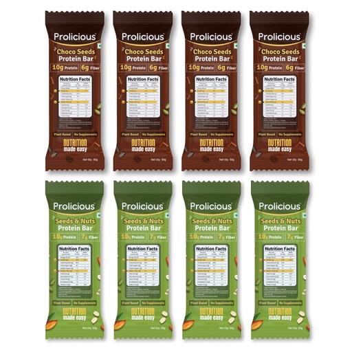 [BRSRAGAPCJYQG3DZ] Prolicious Healthy Protein Bar | 10g Protein & 5g Fibre Per Pack | Vegan | No Maida | No Palm Oil | No Isolates | 50g (Pack of 8) | Seeds & Nuts And Choco Seeds