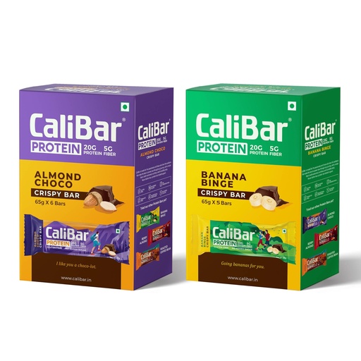 [BRSRGC35PICWCHLU] CaliBar 20g Protein Bar Banana Binge & Almond Choco Crispy Protein Bar Combo - No Added Sugar, Gluten-Free, 5g Fiber, No Preservatives, No Palm Oil & 100% Veg. (11 Bars)