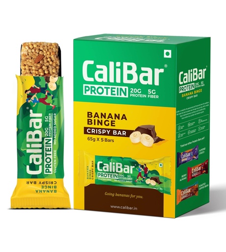[BRSW2GIBAV6QGH3G] CaliBar 20g Protein Bar - Banana Binge Crispy Bar (Pack of 5) No Added Sugar, GlutenFree, 5g Fiber, No Preservatives, Delicious Taste, Whey & Plant Protein, Fitness & Immunity (65g x 5 Bars)