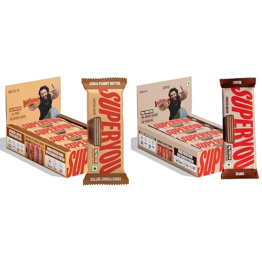[BRSREAQNB55R433F] Superyou Choco Peanut Butter & Coffee Protein Wafer Bars Combo. 10g Protein, 3g Fiber, No Added Sugar, Vegetarian, No Palm Oil. 400g each.