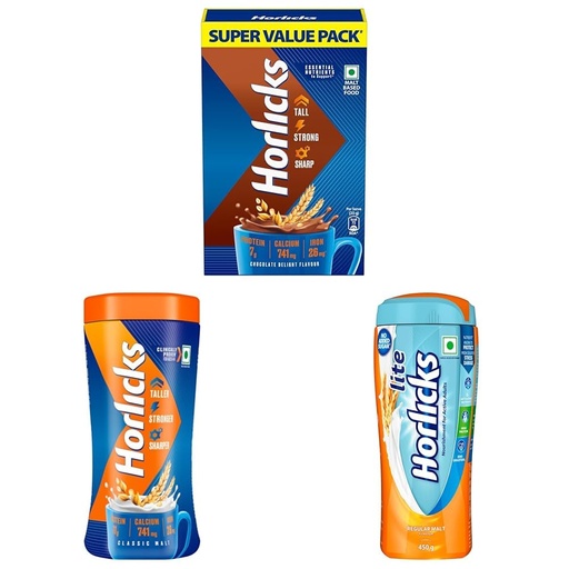 [BRSREYLRAAPWEDT6] Horlicks Chocolate Refill 1kg + Classic Malt Jar 500g + Horlicks Lite 450g for Adults | High Protein, No Added Sugar | Scientifically Designed Malt Nutrition