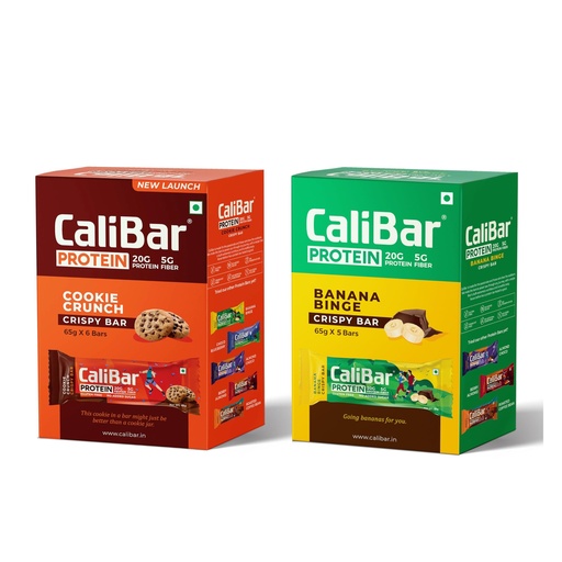 [BRSRGCYPO4CQK2YY] CaliBar 20g Protein Bar Cookie Crunch & Banana Binge Crispy Protein Bar Combo - No Added Sugar, Gluten-Free, 5g Fiber, No Preservatives, No Palm Oil & 100% Veg. (11 Bars)