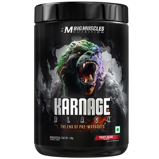 [BRSRAGT6CQMRMCLL] Bigmuscles Nutrition Karnage Black Preworkout [Tiger’s Blood, 420g] | Massive Pump | Laser Focus | Explosive Energy | Gorilla Power | No Itching | with Nitrosigine