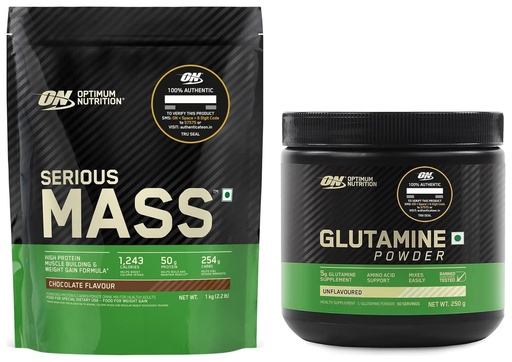 [BRSROFQNO55GEHLU] OPTIMUM NUTRITION (ON) Serious Mass Gainer powder(Veg) - Pack of 1 kg (Chocolate) with Vitamins & Minerals & Optimum Nutrition L-Glutamine Powder, Pack of 250 Gram, 50 Serves