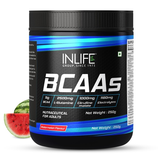 [BRSW2YAEBMDQAGQV] INLIFE BCAA Powder Supplement with Glutamine, Citrulline DL Malate, Vitamin B6 & Electrolytes | Amino Acids for Pre Post Intra Workout Drinks | Men & Women (Watermelon, 250g)
