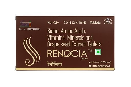 [BRSRGCA7O5YGMHYU] Reno-cia Tablets | Biotin, Amino Acids, Vitamins, Minerals & Grape Seed Extract Nutraceutical Supplement for Hair Health, Fall Control & Scalp Nourishment for Men & Women | 30 Tablets (3 x 10N)