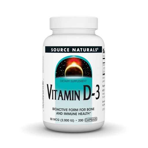 [BRSWIY3QOUCRE3AV] Source Naturals Vitamin D-3, Bioactive Form for Bone & Immune Health*, 50 mcg (2000 IU) - 200 Capsules