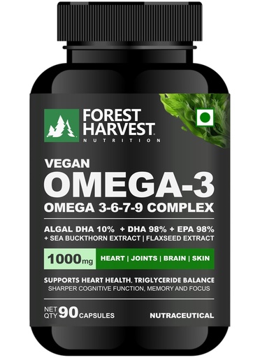 [BRSREYYCBYFWKE3P] Vegan Omega-3, 6, 7, 9 Complex | 90 Capsules | Dual-Source DHA (Algal DHA 10% & Veg DHA 98%) with Veg EPA 98% | Sea Buckthorn Extract 10X & Flaxseed Extract 10X | 1000mg Per Serving