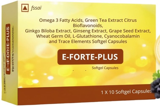 [BRSRY2QDCUAQKDTD] E-Forte-Plus Capsules with Omega 3, Green Tea Extract Citrus Bioflavonoids, Ginkgo Biloba Extract, Ginseng Extract, Grape Seed Extract, Wheat Germ oil, L-Glutathione, Cyanocobalamin and Trace Elements | 10 Softgels for Men & Women