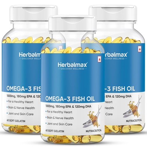 [BRSRAZYEORYQYFL6] Herbal Max Omega-3 Fish Oil Capsules – 180 Capsules (Pack of 3) | 1000mg Fish Oil with 180mg EPA & 120mg DHA | Heart, Brain & Joint Support | Mercury-Free & Odorless