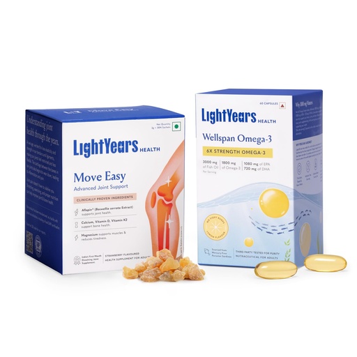 [BRSRGYI7AQMBMHTU] LightYears Move Easy + Wellspan Omega-3 | Complete Joint Health Combo for Men & Women | Clinically Proven Boswellia serrata + 6X Strength Omega-3 | Supports Flexibility, Mobility & Reduces Stiffness