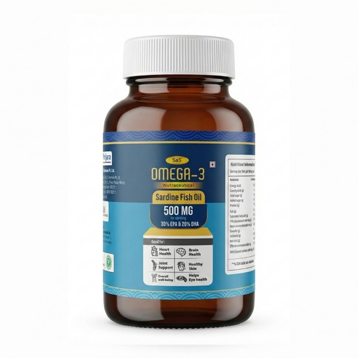 [BRSRGFI2A4AR6ADU] SAS Omega-3 Fish Oil Capsules 500mg with EPA 180mg & DHA 120mg | Mercury-Free, Burpless Softgels for Heart, Brain & Joint Health | Non-GMO Supplement for Men & Women (30 Capsules) (Pack of 1)