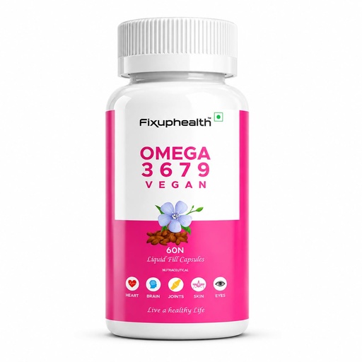 [BRSRMGL5OANGG2D5] Fixuphealth Omega 3 6 7 9 Vegetarian Capsules with Flaxseed Oil & Sea Buckthorn Capsule | Vegan Plant Based Omega Supplement for Hair, Skin, Brain, Muscle, Bone & Joint Health | 60 Veg Capsules