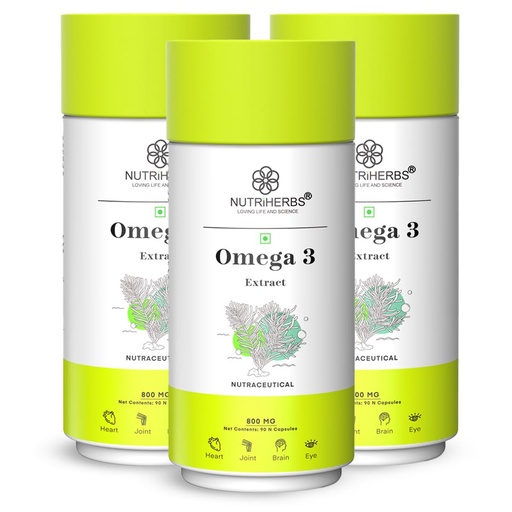 [BRSWGYAYCQFAYYDU] NUTRI HERBS Vegetarian Omega-3 Fatty Acids 800mg Capsule– Plant-Based DHA & EPA omega 3 supplement | Supports Joint, Eye & Skin Health | No Fish Oil | for Men & Women | 90 Capsules Pack of 3 ( for men & women)