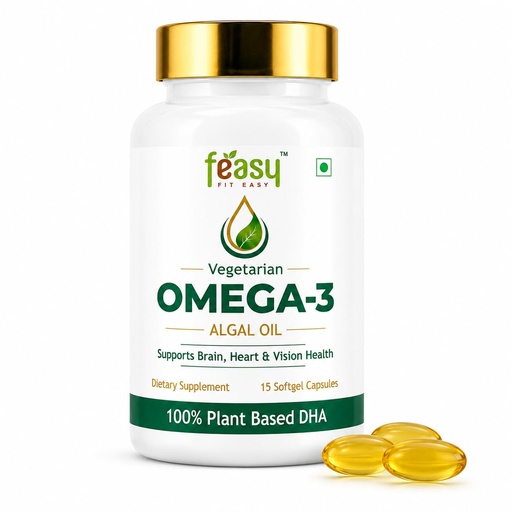 [BRSRGCY3BMPQICL3] FEASY Vegetarian Omega-3 Algal Oil | 40% High DHA | 100% Plant Based | Supports Brain, Heart & Eye Health | No Fish Smell | 15 Softgel Capsules