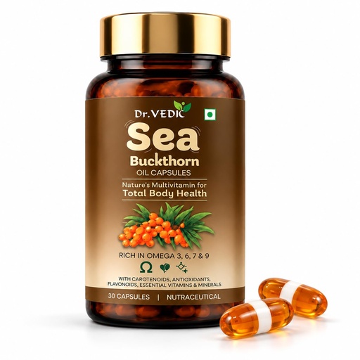 [BRSRYGIOOIIR43IU] Dr Vedic Sea Buckthorn Berry Oil 500mg | Vegan Omega 7 Capsules with Omega 3, 6 & 9 | 30 Veg HPMC Capsules | Antioxidant Support for Skin, Heart, Bone & Muscle Wellness | 30-Day Supply
