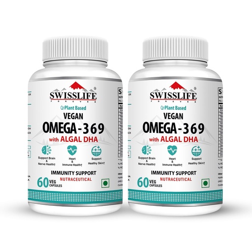 [BRSRACT3OZYQICLZ] Swisslife Forever Omega 3-6-9 Vegan Supplement | Plant-Based Algal Oil | Supports Heart, Brain, Eye, Skin, Hair, Muscle & Bone Health | Natural Nutrition for Men & Women | 60 Veg Capsules (Pack of 2)