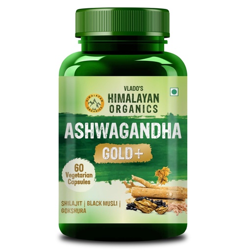 [BRSREYIKCQPA2HIU] Vlado's Himalayan Organics Ashwagandha Gold - 1040 MG Supplement I With Pure shilajit, Safed Musli, Gokshura, Kaunch Beej, 24 Carat Swarna Bhasma, True Gold I 12+ Herbs I 100% Ayurvedic I max Potency, Power & strength I For Stamina, Muscle Growth & Energy I Helps in Stress & Sleep Management | Improves Gym Performance | For Men & Women- 60 Veg Capsules