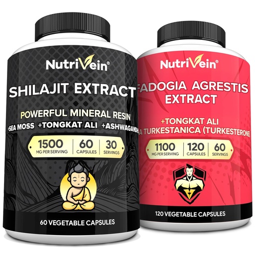 [BRSRABQBDMCAEG34] Nutrivein Premium Shilajit Capsules and Fadogia Agrestis Supplement Bundle: Powerful Shilajit for Women and Men + Fadogia Agrestis with Tongkat Ali Supplement for Performance, Endurance, & Vitality