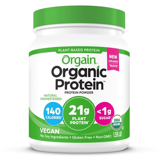 [BRSWKFAHCUARGELG] Orgain Organic Vegan Protein Powder, Natural Unsweetened - 21g of Unflavored Plant Protein, 4g Prebiotic Fiber, Low Net Carbs, No Added Sugar, Non-GMO, For Shakes & Recipes, 1.59 lb