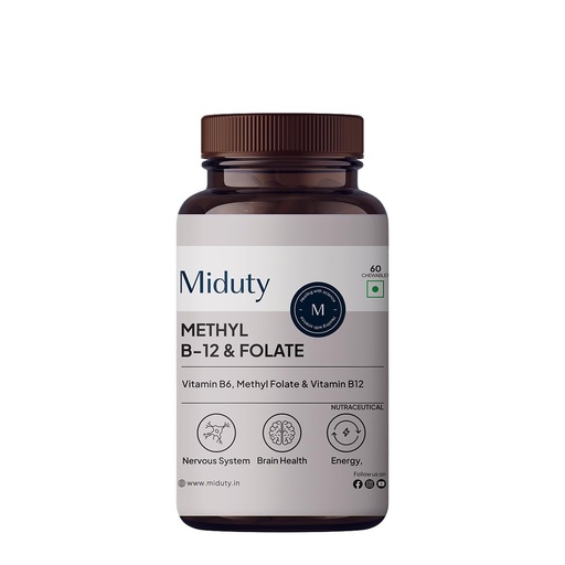 [BRSRGAI6PMJR423U] Miduty Vitamin B12 Folate – Active Methylcobalamin - Bioactive B-Complex with B6, B9, B12 – Triple Formula for Energy, Mood, Brain & Nerve Support – Fast Absorbing Chewable – 60 Veg Tablets