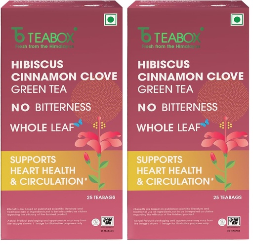 [BRSRYZAOAB7QMH3L] Teabox Hibiscus Cinnamon Clove Green Tea | 25 Tea Bags | Natural Green Tea Infused with Hibiscus, Clove & Cinnamon | Soothing & Spicy Floral Blend (Pack of 2)