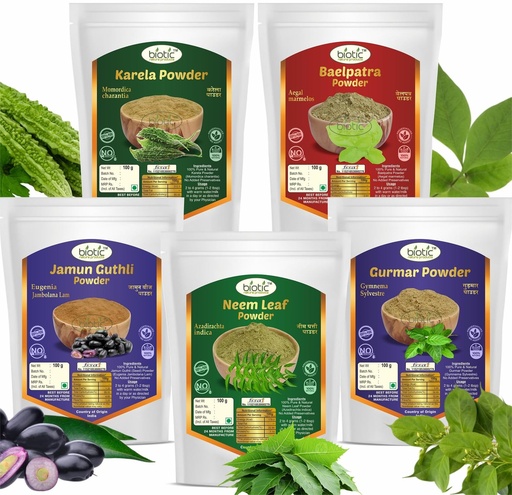 [BRSWGBADO56BYEQ3] Biotic Natural Neem, Karela, Gurmar, Belpatra and Jamun Seed Powder - 500gm (100gm each)