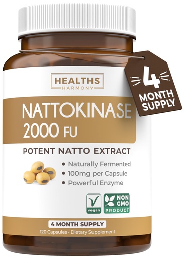 [BRSRA232CUFR4FD6] Healths Harmony Nattokinase 2000 FU (Non-GMO) Powerful Nattokinase Supplement Made from Naturally Fermented Soybeans - (4 Month Supply) 120 Vegan Natto Capsules